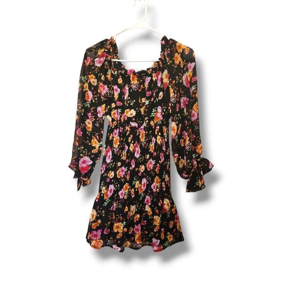 NEW HYFVE sz S Womens Black Floral Tiered Ruched Waist Off the Shoulder Dress - Picture 2 of 5